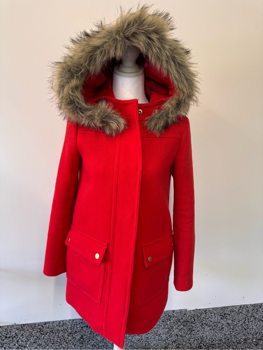 J.Crew Womens 00 Petite Red Wool Blend Parka Coat Faux Fur Hood Gold E4006